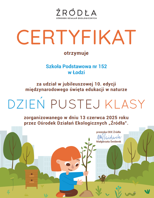 certyfikat za dzień pustej klasy 