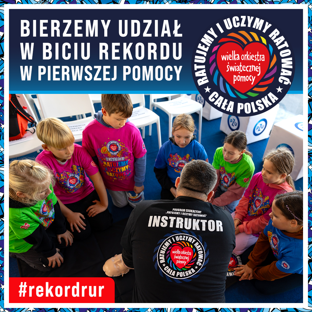 plakat Bierzemy udział w biciu rekordu w pierwszej pomocy