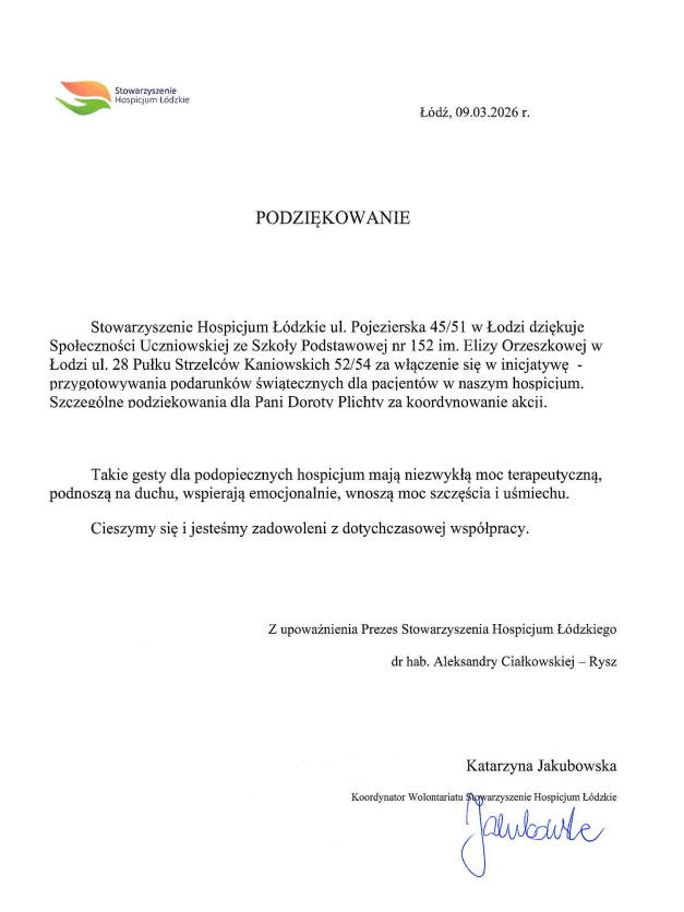 podziękowanie z hospicjum