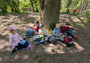 Dzieci pod drzewem jedzą śniadanie