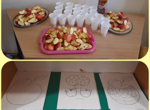 jabłka oraz sok przygotowany na ławce