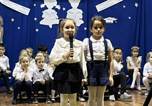 uczniowie występują na sali gimnastycznej