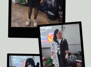 Uczniowie w przebraniach hallweenowych