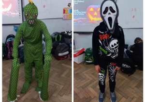 Uczniowie w przebraniach hallweenowych