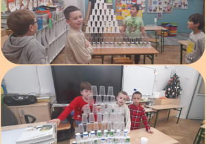 dzieci wykonują wieże z kubków