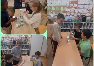 dzieci wykonują wieże z kubków